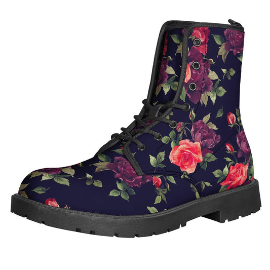 Red Violet Roses Floral Pattern Print Leather Boots for Hippy Fashion Enthusiasts - 1