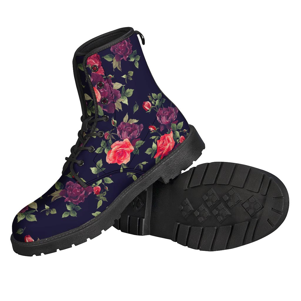 Red Violet Roses Floral Pattern Print Leather Boots for Hippy Fashion Enthusiasts - 2