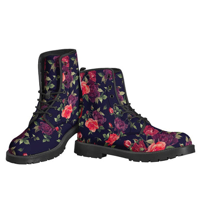 Red Violet Roses Floral Pattern Print Leather Boots for Hippy Fashion Enthusiasts - 3