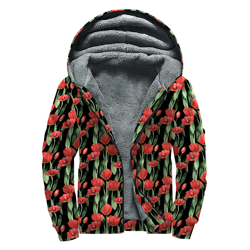 Red Watercolor Tulip Print Sherpa-Lined Zip Up Hoodie for the Free-Spirited Hippie - 1