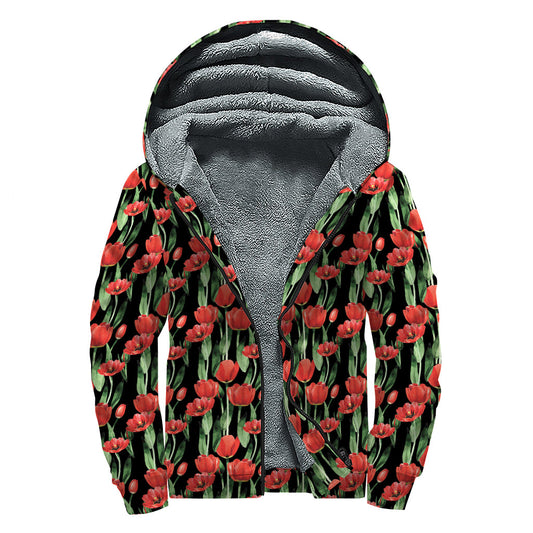 Red Watercolor Tulip Print Sherpa-Lined Zip Up Hoodie for the Free-Spirited Hippie - 1