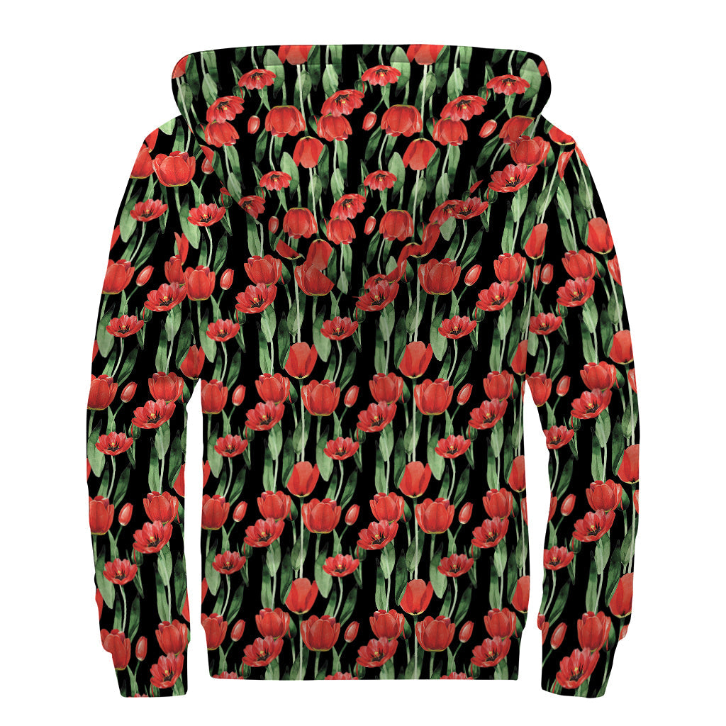 Red Watercolor Tulip Print Sherpa-Lined Zip Up Hoodie for the Free-Spirited Hippie - 2