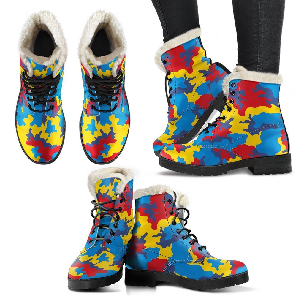 Psychedelic Camo Faux Fur Leather Boots for Groovy Hippies - 2