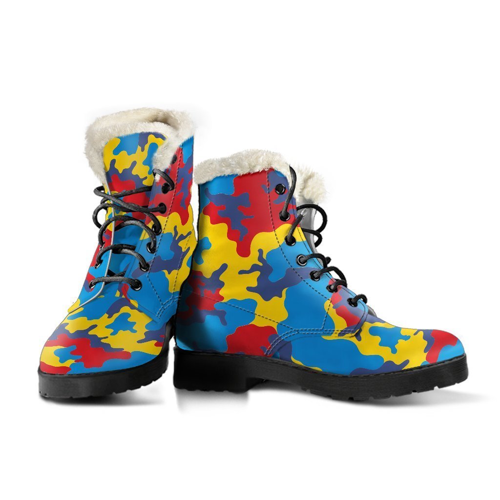 Psychedelic Camo Faux Fur Leather Boots for Groovy Hippies - 3