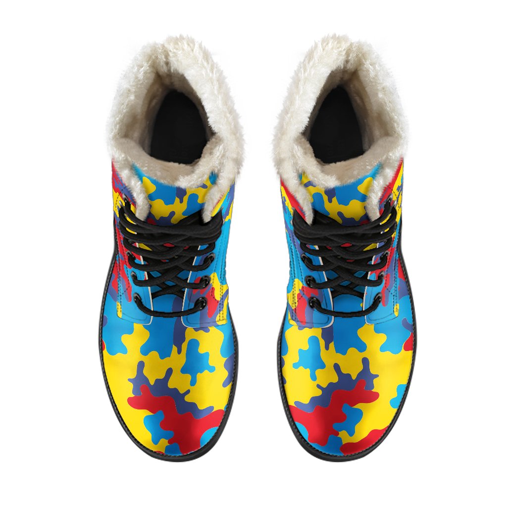 Psychedelic Camo Faux Fur Leather Boots for Groovy Hippies - 4