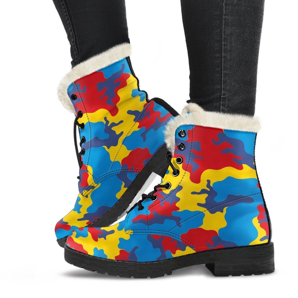 Psychedelic Camo Faux Fur Leather Boots for Groovy Hippies - 1