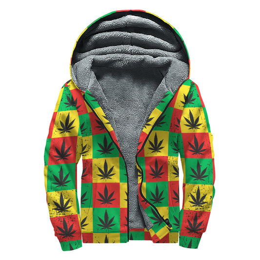 Reggae Marijuana Leaf Pattern Sherpa Lined Zip Up Hoodie for Groovy Hippies - 1