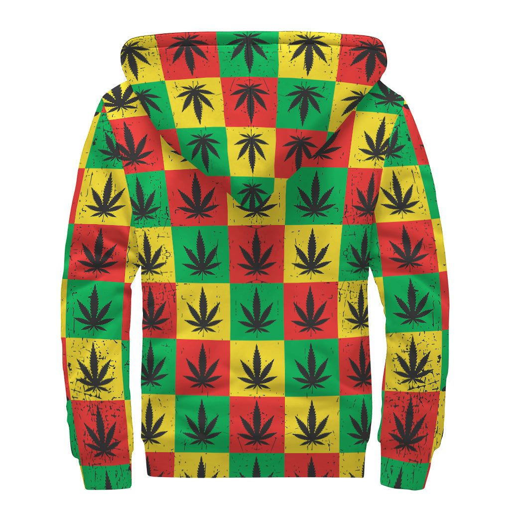 Reggae Marijuana Leaf Pattern Sherpa Lined Zip Up Hoodie for Groovy Hippies - 2