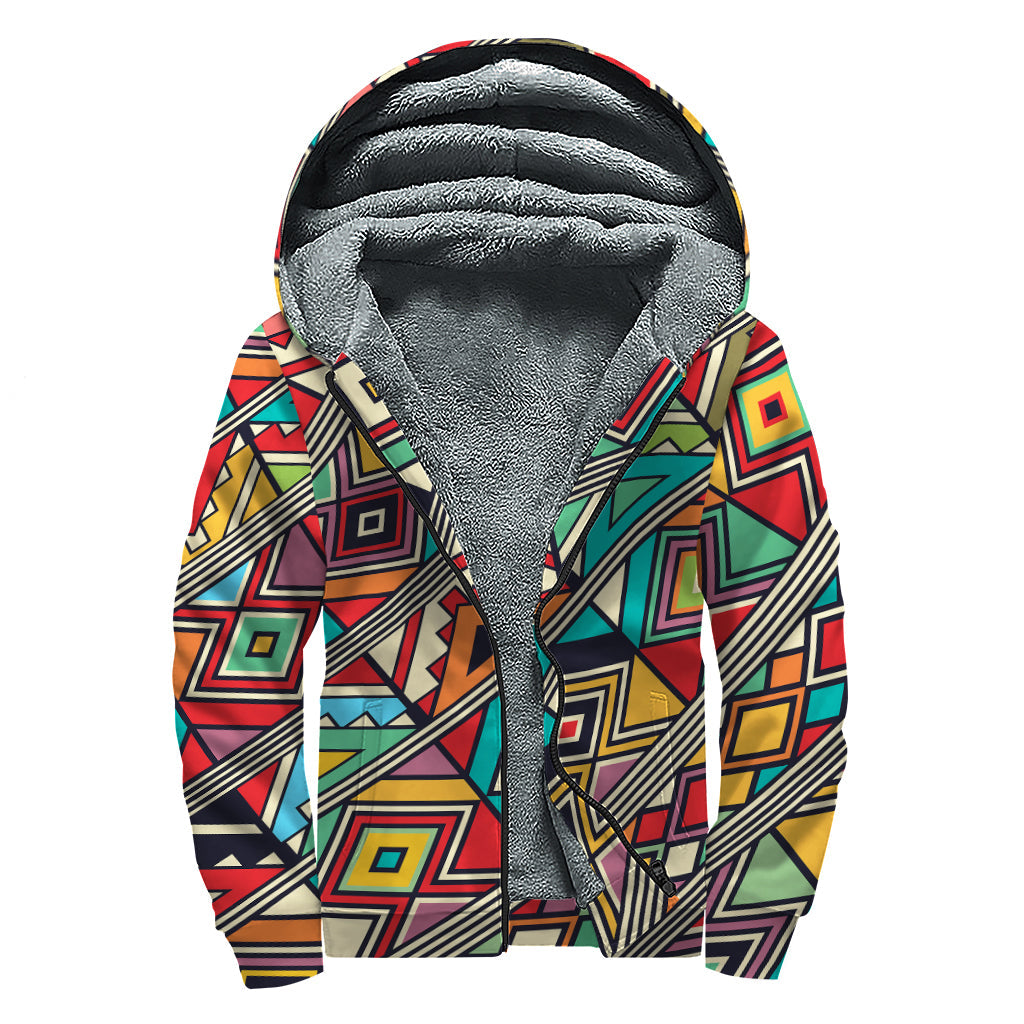 Groovy Vibes: Retro African Ethnic Tribal Print Sherpa Lined Zip Up Hoodie for Trendy Hippies - 1