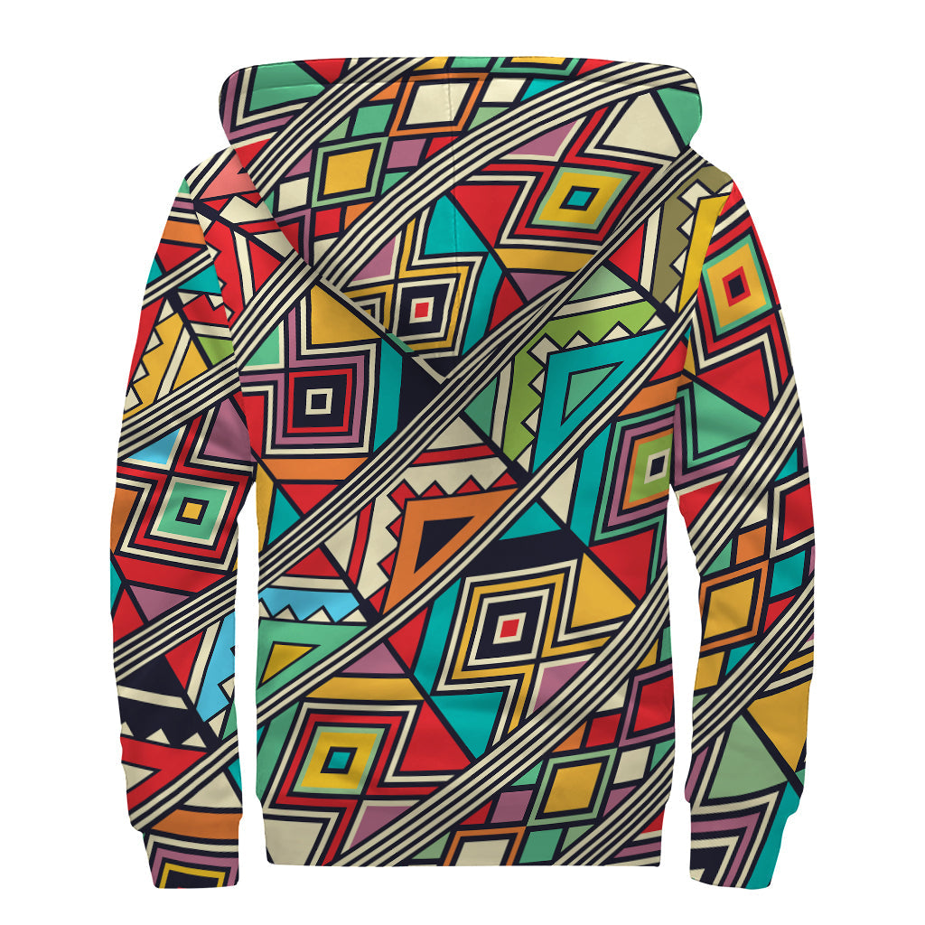 Groovy Vibes: Retro African Ethnic Tribal Print Sherpa Lined Zip Up Hoodie for Trendy Hippies - 2