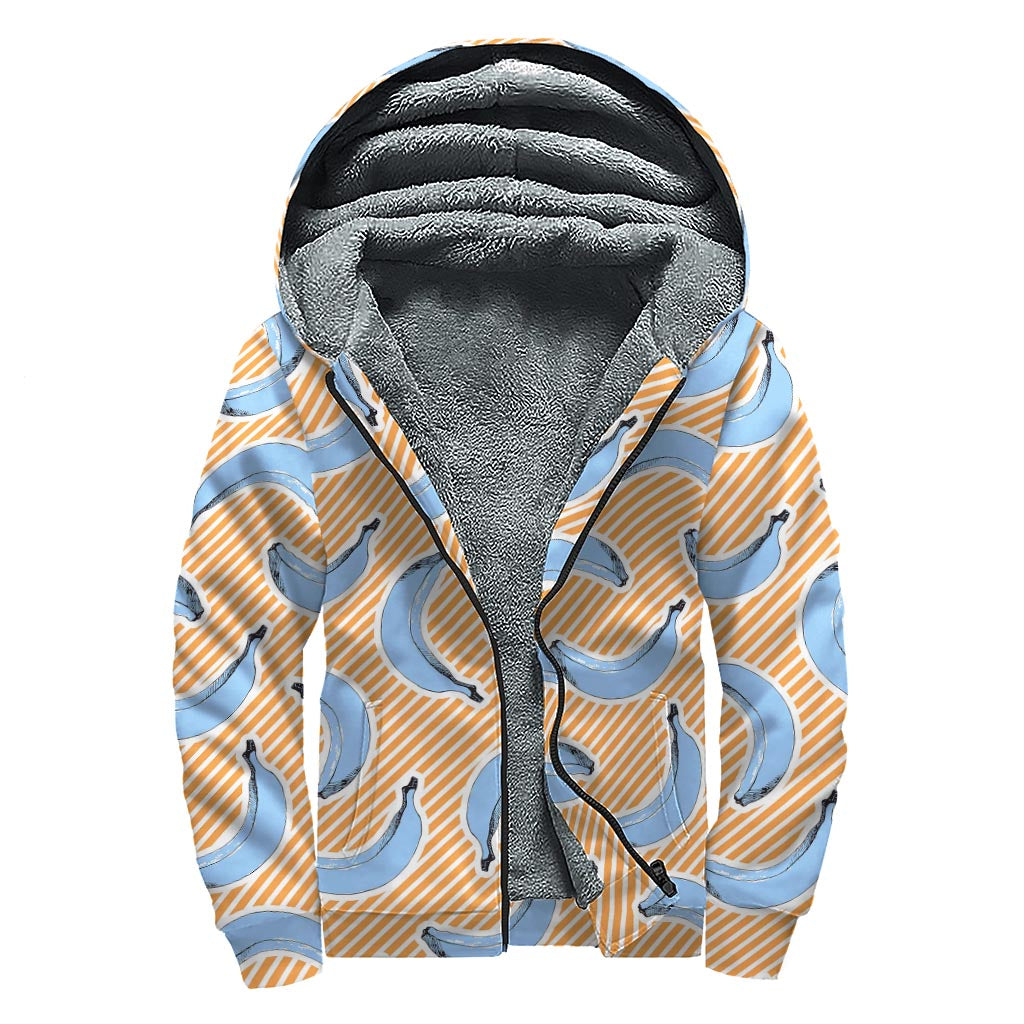 Retro Blue Banana Pattern Sherpa-Lined Hoodie for Free-Spirited Hippies - 1