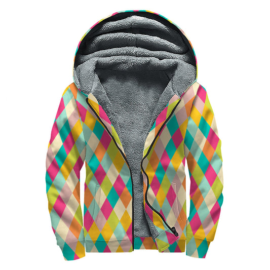 Groovy Vibes: Retro Harlequin Pattern Sherpa Lined Hoodie for Modern Hippies - 1