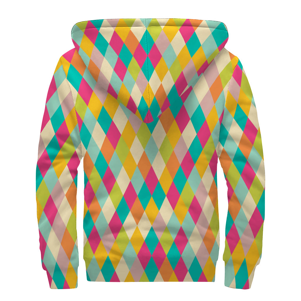 Groovy Vibes: Retro Harlequin Pattern Sherpa Lined Hoodie for Modern Hippies - 2