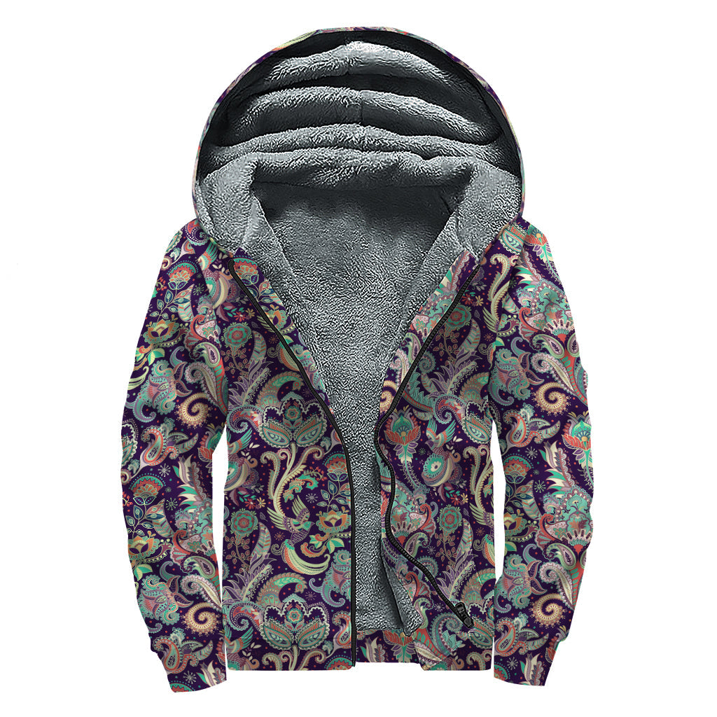 Retro Indian Paisley Pattern Print Sherpa Lined Zip Up Hoodie: Embrace Your Inner Hippie Style - 1