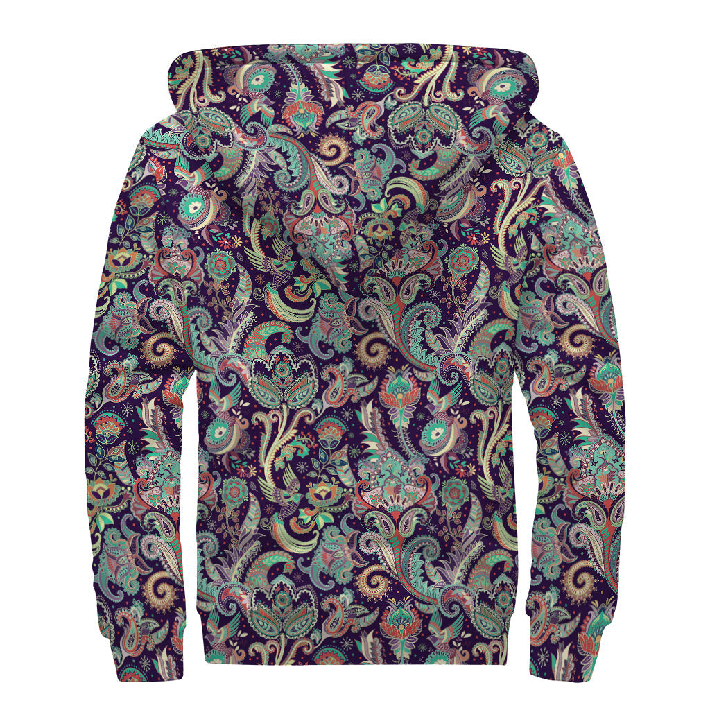 Retro Indian Paisley Pattern Print Sherpa Lined Zip Up Hoodie: Embrace Your Inner Hippie Style - 2