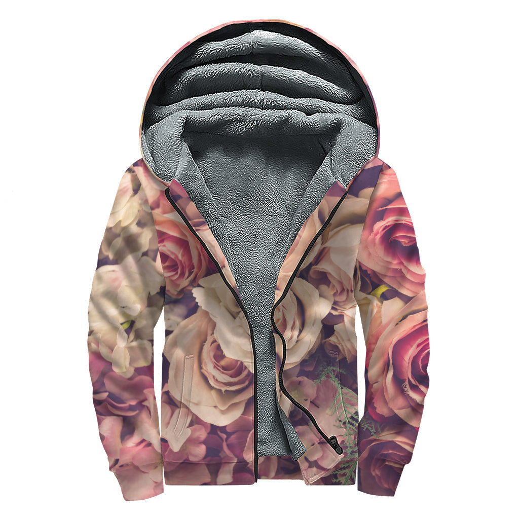 Retro Pink Roses Floral Print Sherpa Lined Zip Up Hoodie: Embrace Your Inner Hippie - 1