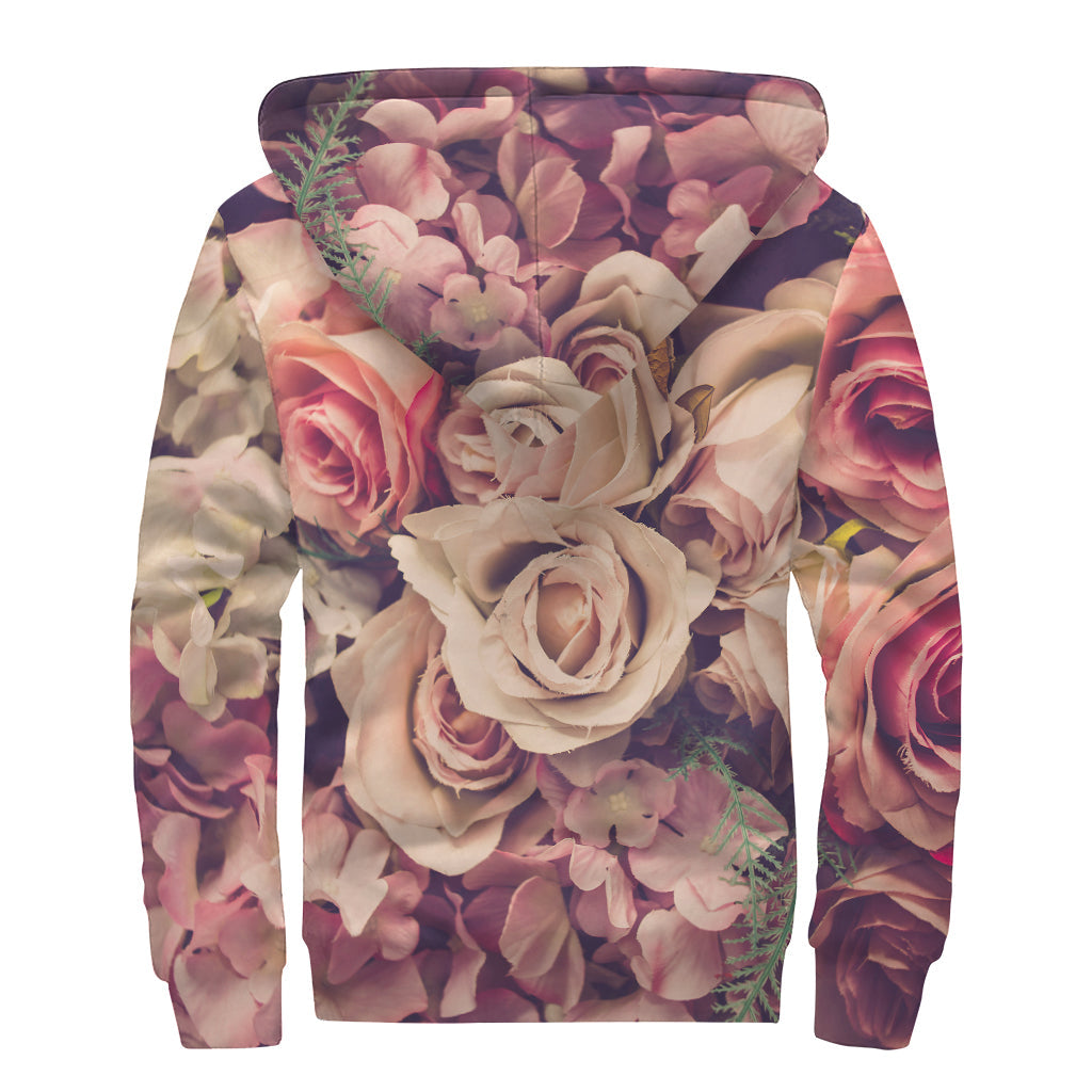 Retro Pink Roses Floral Print Sherpa Lined Zip Up Hoodie: Embrace Your Inner Hippie - 2