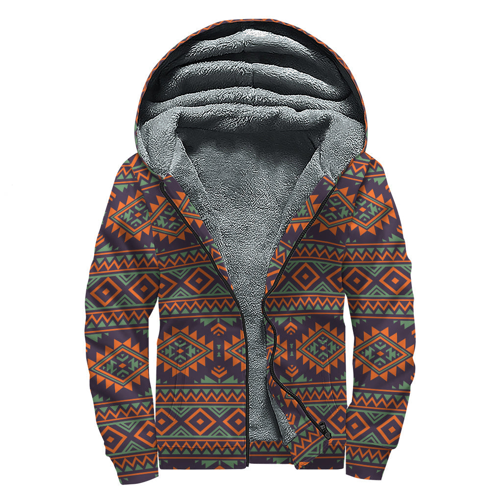 Boho Bliss: Sherpa Lined Zip Up Hoodie with Retro Tribal Navajo Print - 1