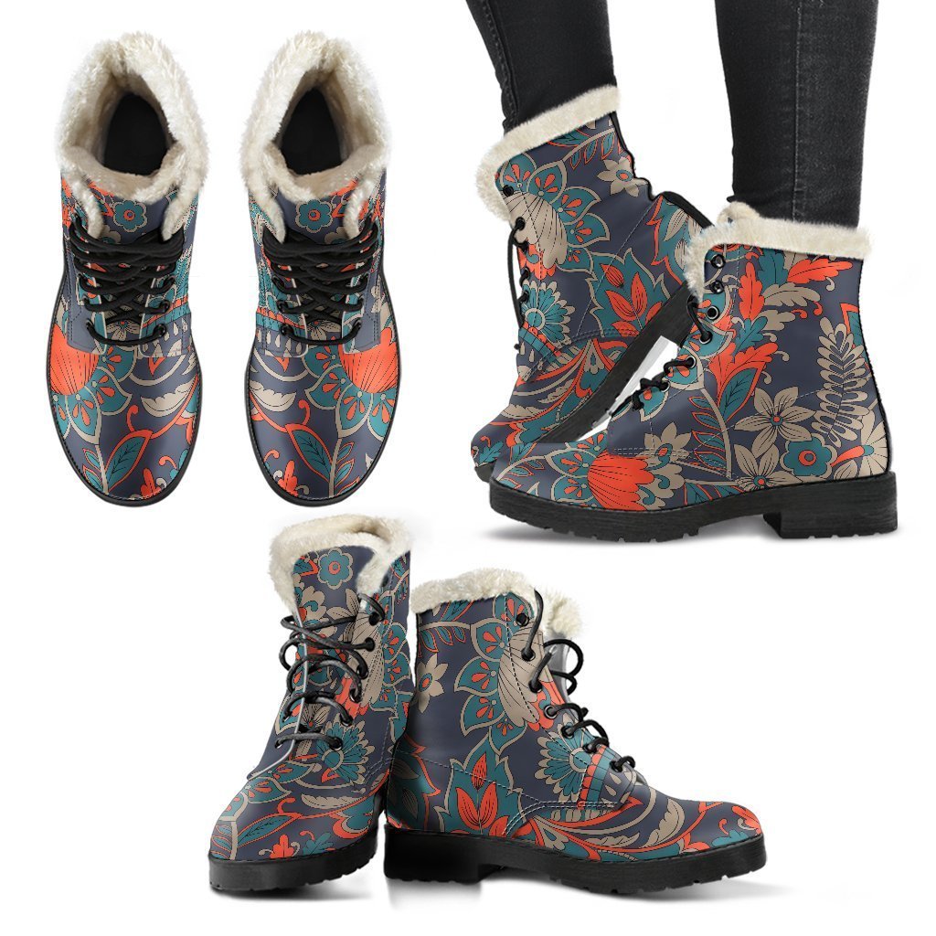 Vintage Bohemian Floral Faux Fur Leather Boots - 2