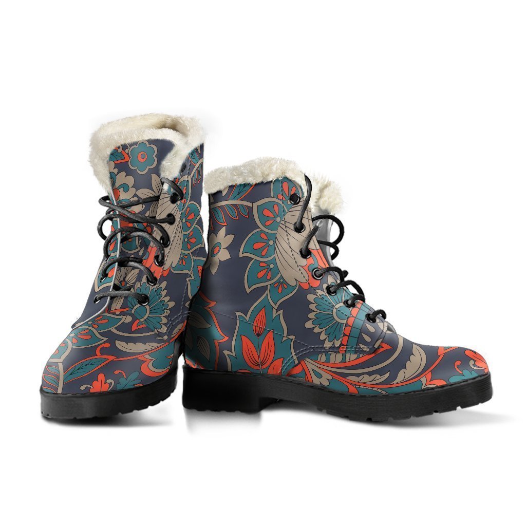 Vintage Bohemian Floral Faux Fur Leather Boots - 3