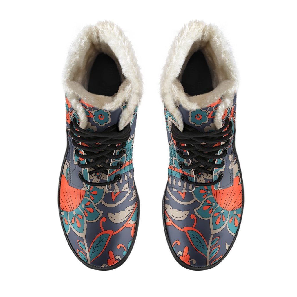 Vintage Bohemian Floral Faux Fur Leather Boots - 4