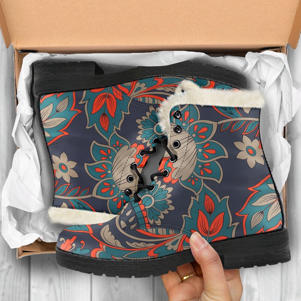 Vintage Bohemian Floral Faux Fur Leather Boots - 5