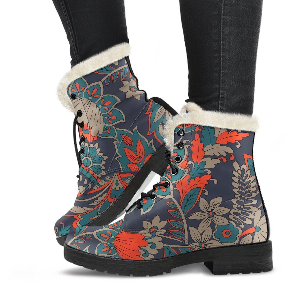 Vintage Bohemian Floral Faux Fur Leather Boots - 1