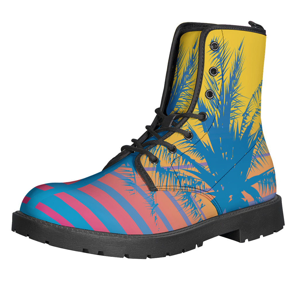 Retrowave Sunset Palm Tree Leather Boots for Stylish Hippies - 1