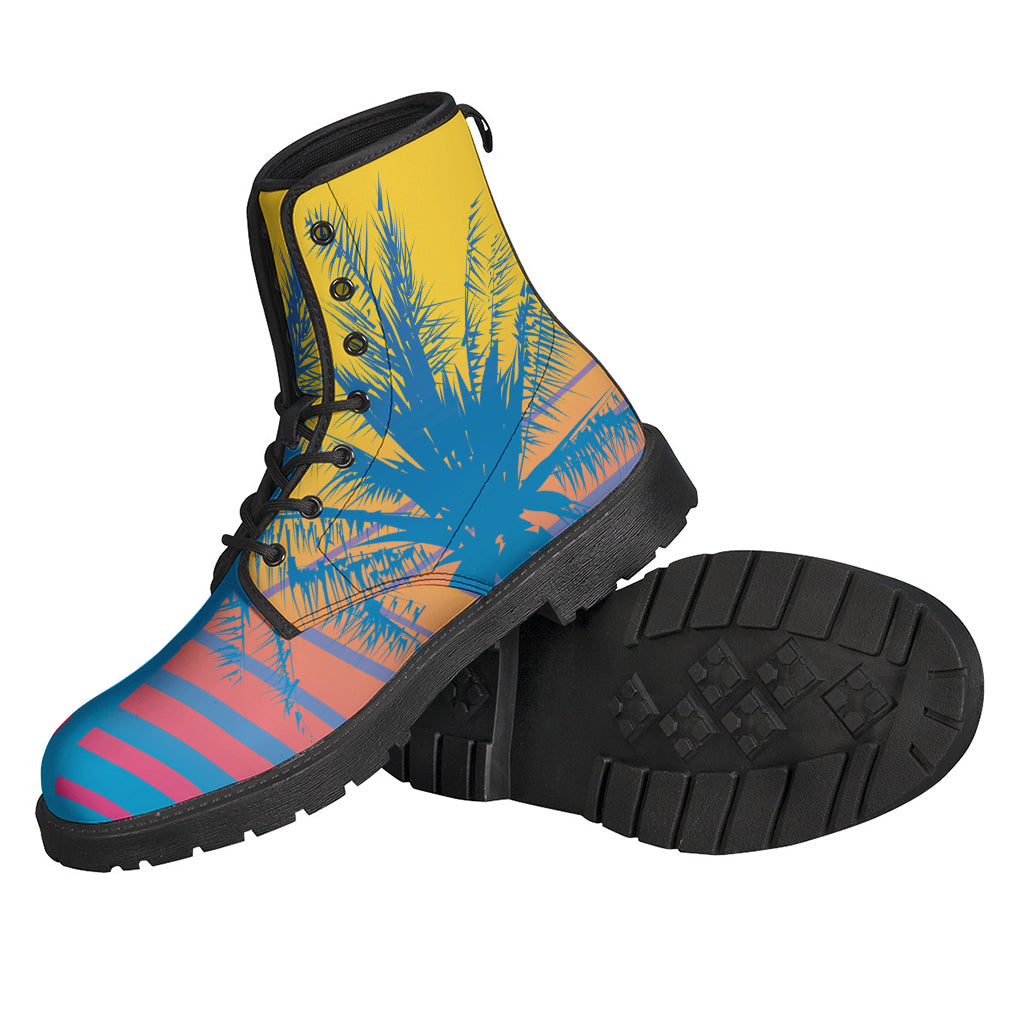 Retrowave Sunset Palm Tree Leather Boots for Stylish Hippies - 2