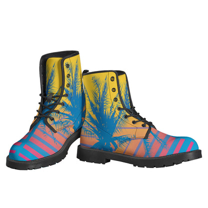 Retrowave Sunset Palm Tree Leather Boots for Stylish Hippies - 3