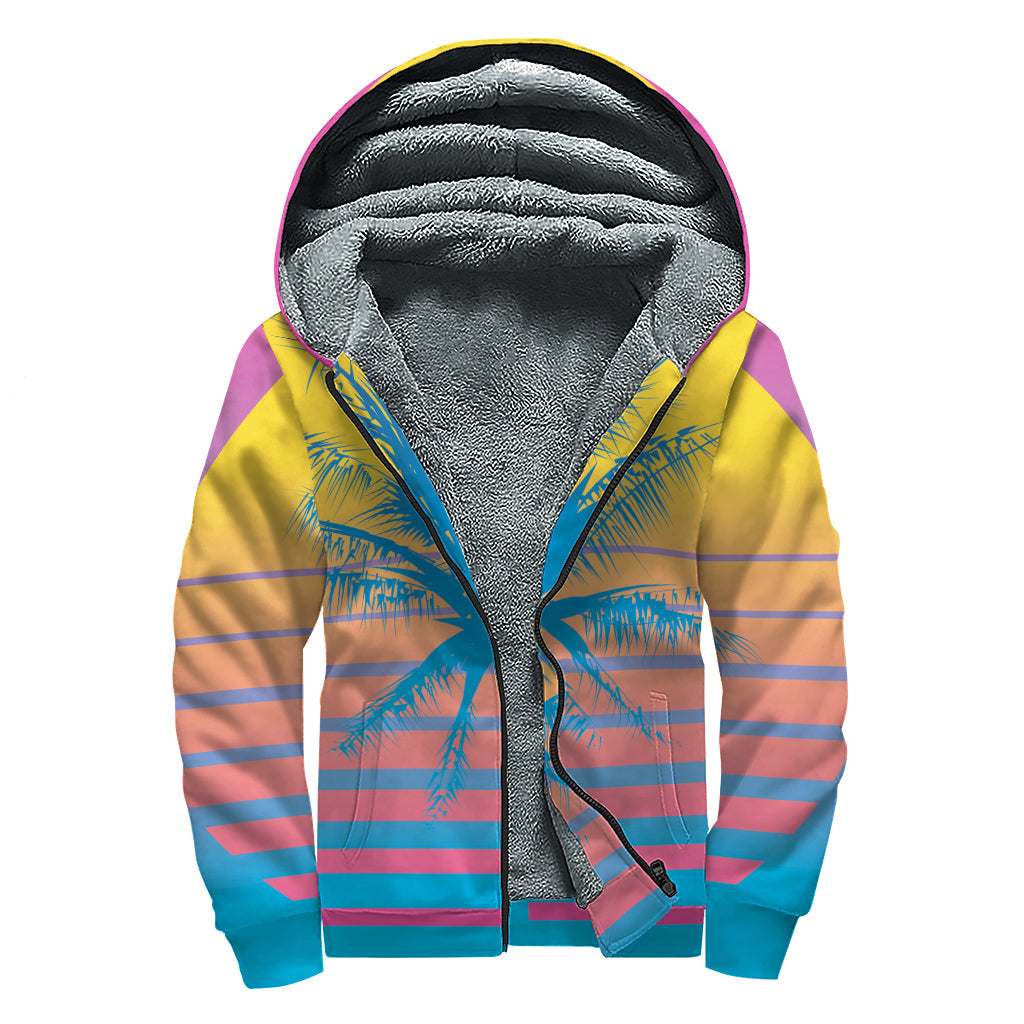 Retrowave Sunset Palms: Groovy Sherpa-Lined Zip Up Hoodie for Free Spirited Hippies - 1