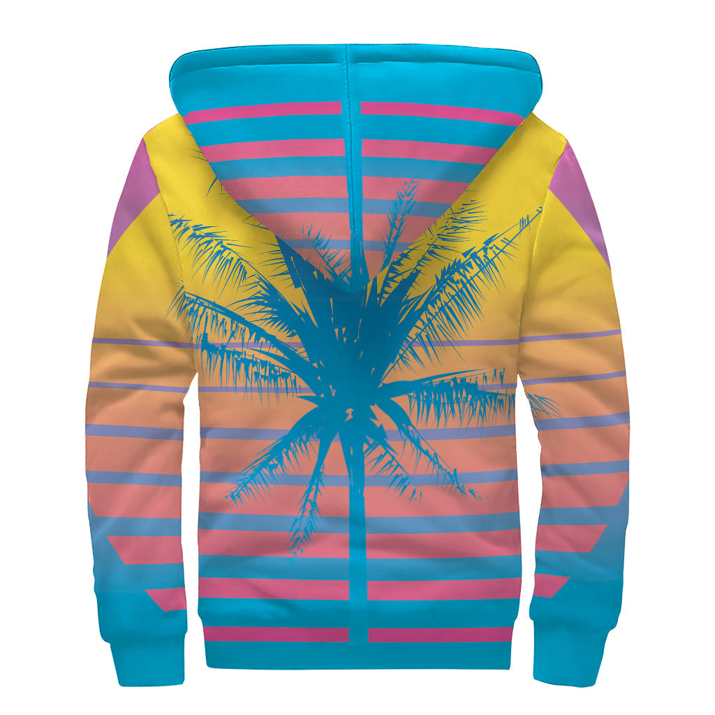 Retrowave Sunset Palms: Groovy Sherpa-Lined Zip Up Hoodie for Free Spirited Hippies - 2