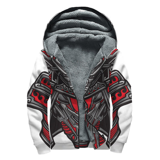 Robot Samurai Mask Print Sherpa Lined Zip-Up Hoodie for the Groovy Hippie - 1