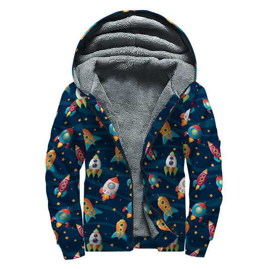 Rockets and Stars Hippie Style Sherpa Lined Zip Up Hoodie - 1