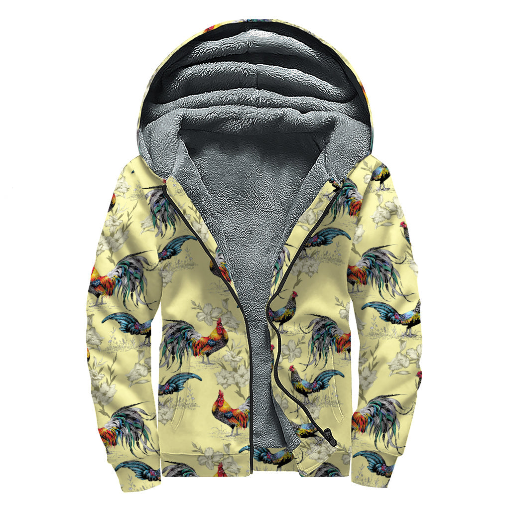 Groovy Rooster and Flower Pattern Print Sherpa Lined Zip Up Hoodie for Free Spirited Hippies - 1