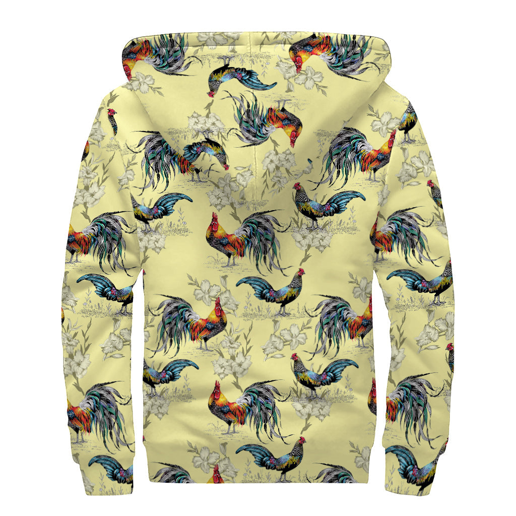 Groovy Rooster and Flower Pattern Print Sherpa Lined Zip Up Hoodie for Free Spirited Hippies - 2