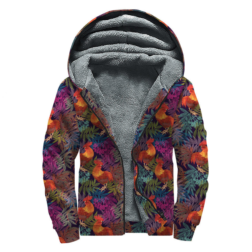 Rooster and Rowan Pattern Print Hippie Sherpa Lined Zip Up Hoodie - 1