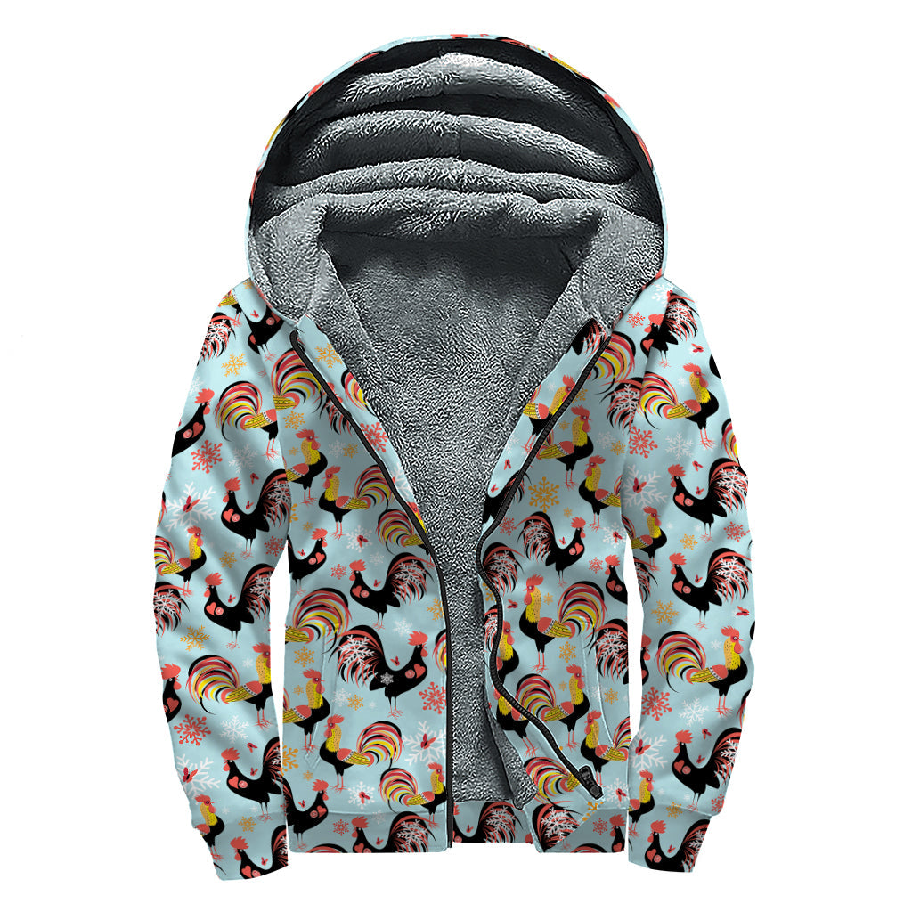 Rooster and Snowflake Pattern Print Sherpa Lined Zip Up Hoodie for Groovy Hippies - 1