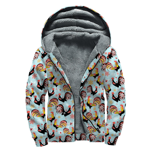 Rooster and Snowflake Pattern Print Sherpa Lined Zip Up Hoodie for Groovy Hippies - 1