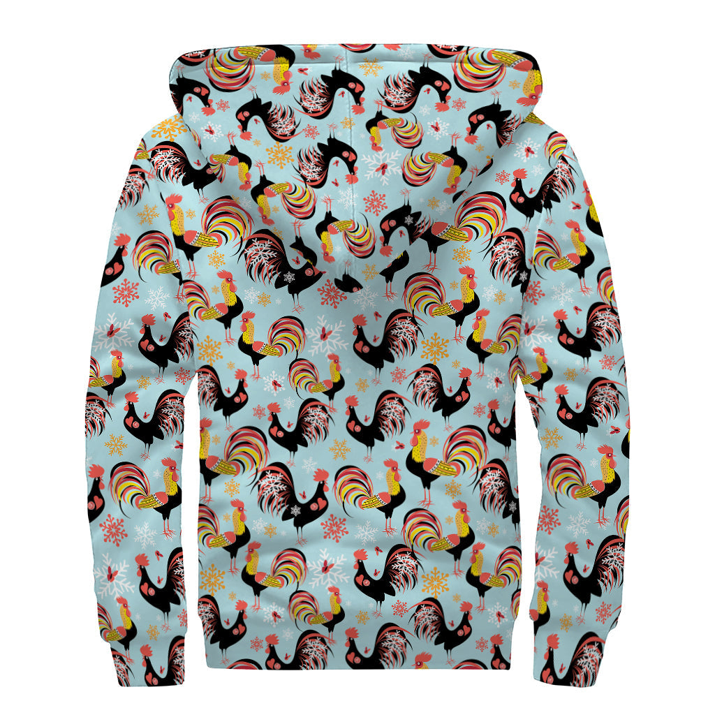 Rooster and Snowflake Pattern Print Sherpa Lined Zip Up Hoodie for Groovy Hippies - 2