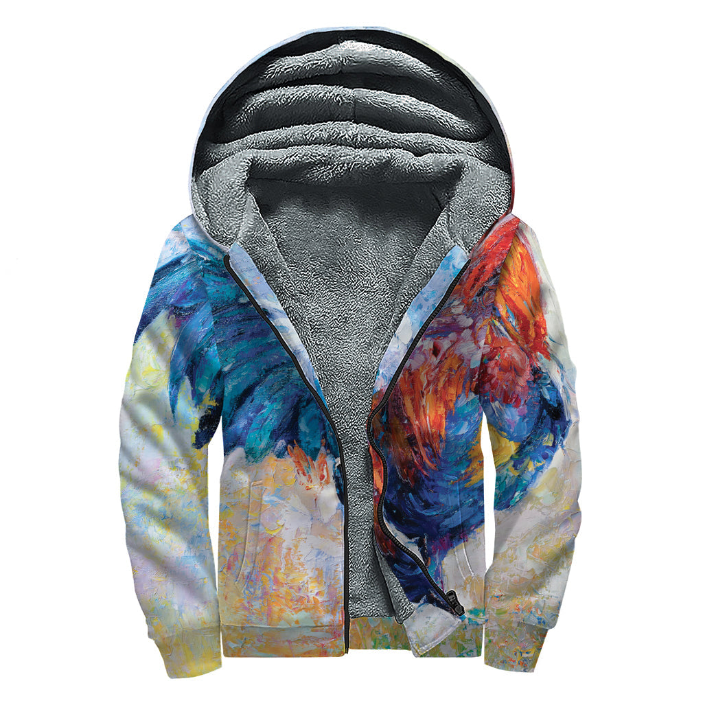 Groovy Rooster Painting Print Sherpa Lined Zip Up Hoodie for the Free-Spirited Hippie - 1