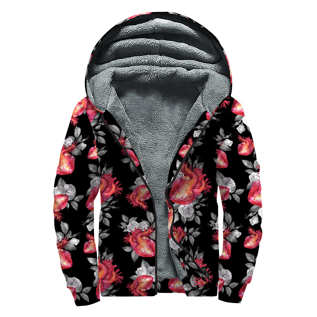 Groovy Rose and Heart Pattern Sherpa Lined Hoodie for Hippie Vibes - 1