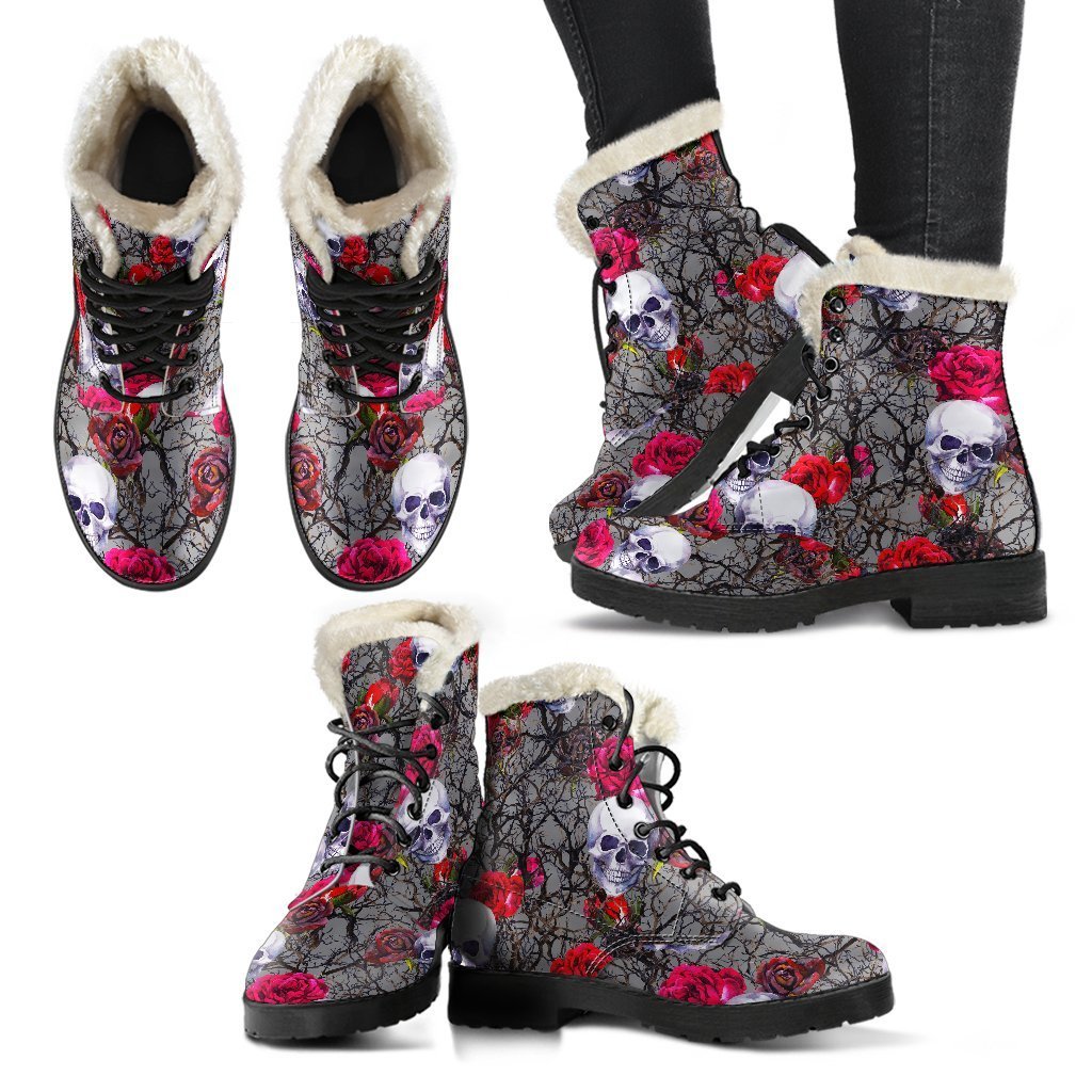 Rose Branch Skull Pattern Faux Fur Leather Boots for Groovy Hippies - 2