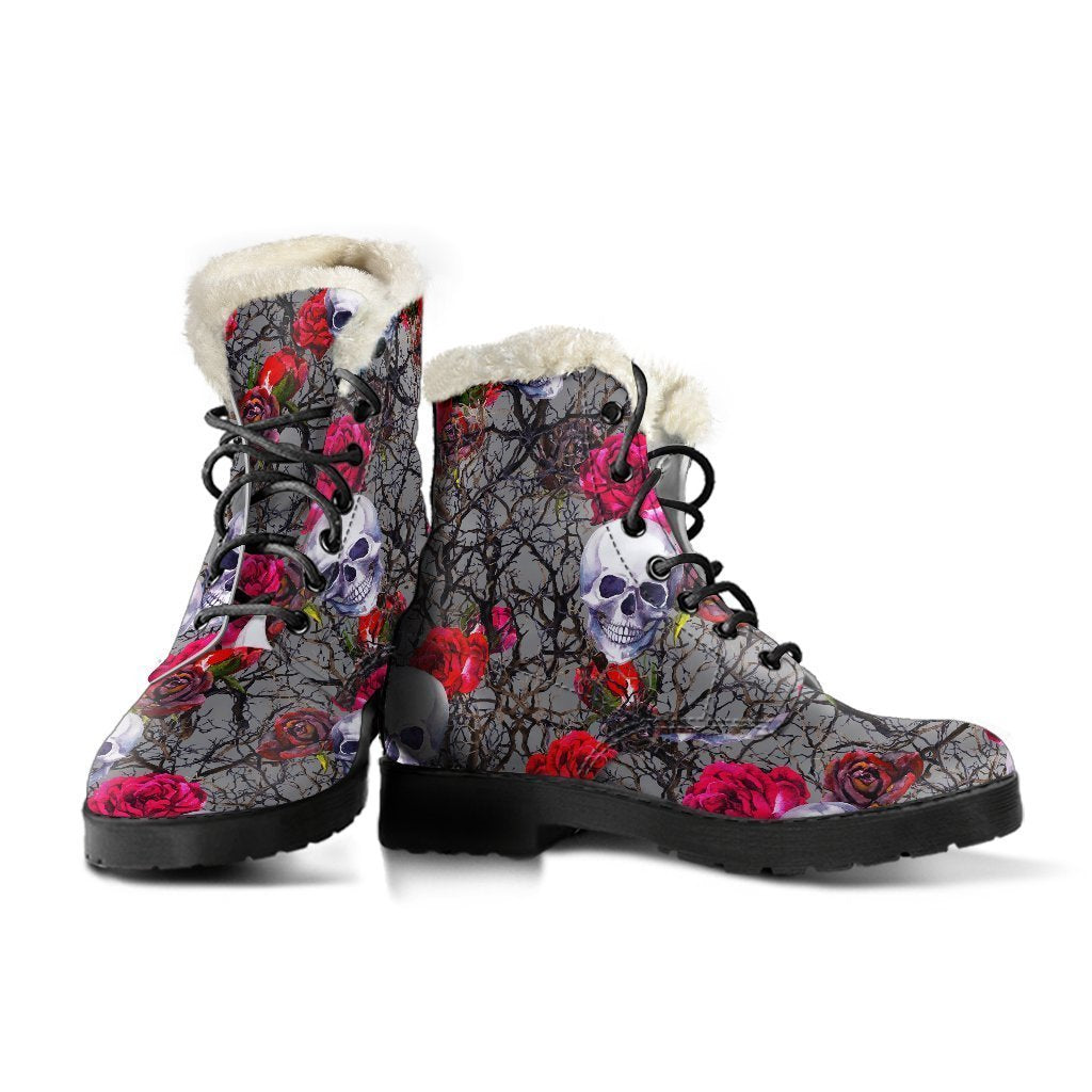 Rose Branch Skull Pattern Faux Fur Leather Boots for Groovy Hippies - 3