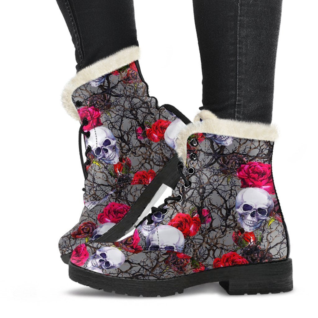 Rose Branch Skull Pattern Faux Fur Leather Boots for Groovy Hippies - 1