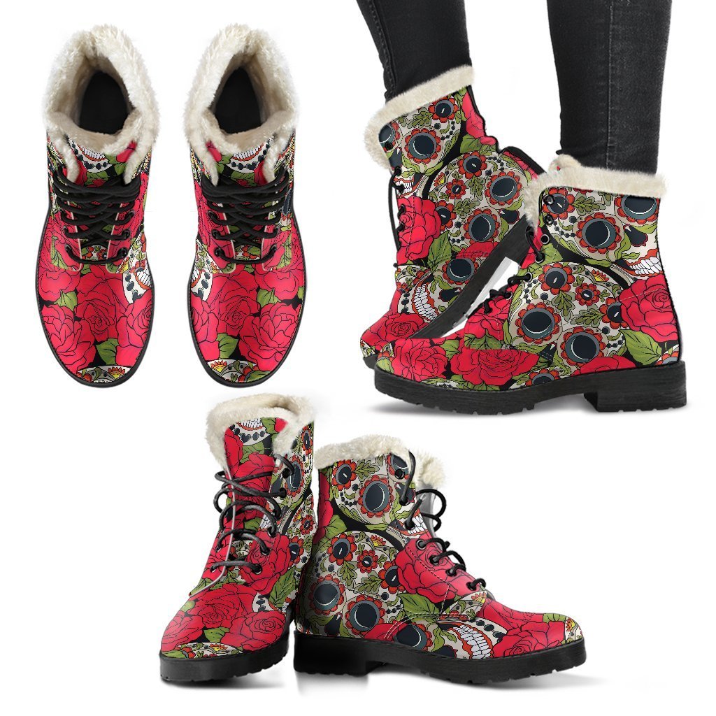 Rose Floral Sugar Skull Faux Fur Leather Boots for the Boho Babe - 2