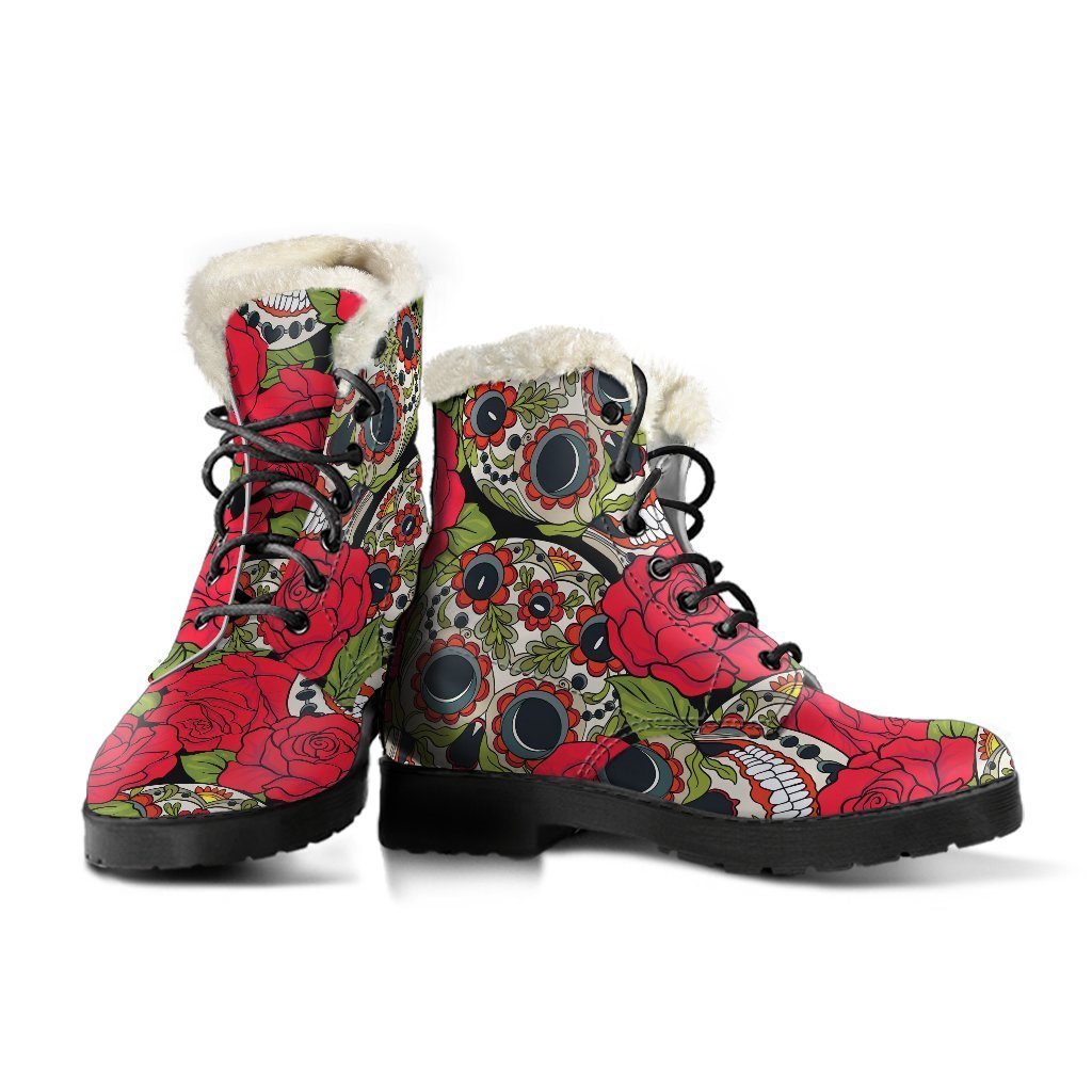 Rose Floral Sugar Skull Faux Fur Leather Boots for the Boho Babe - 3