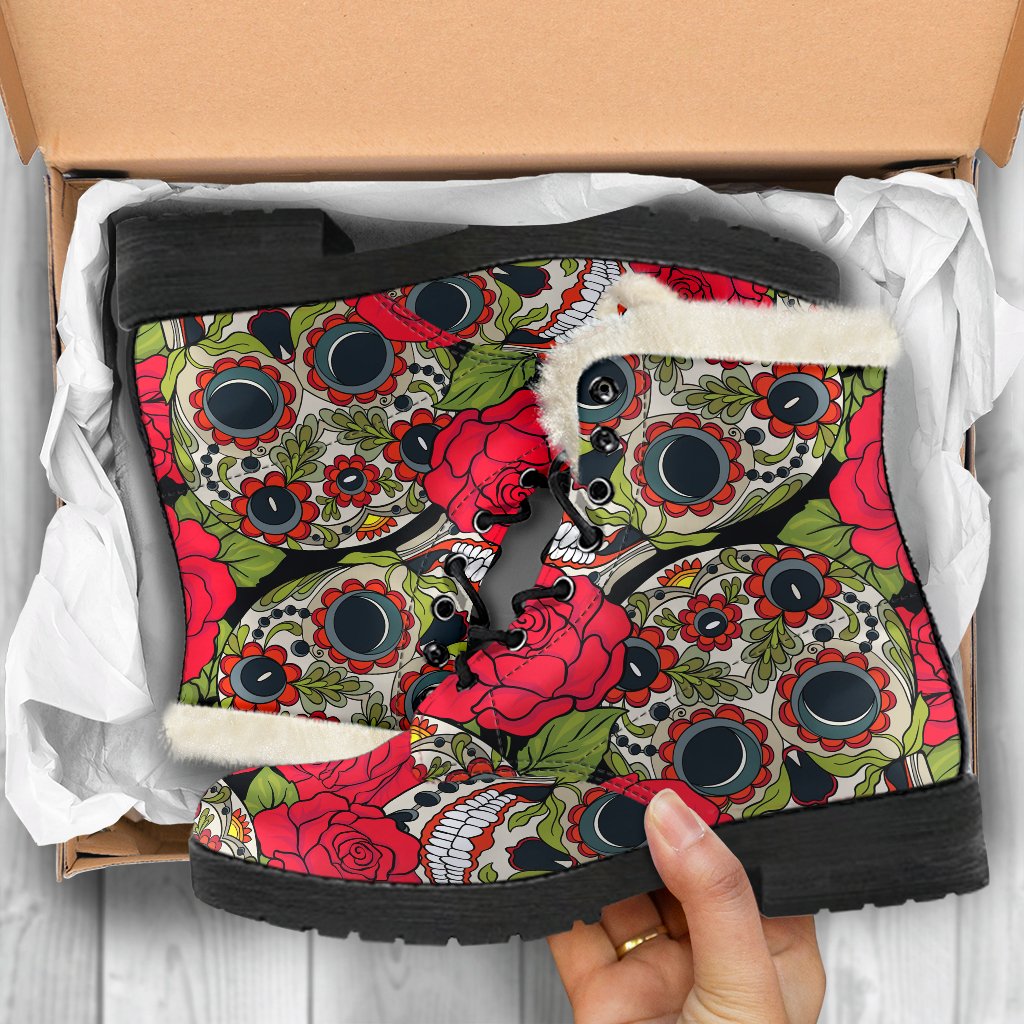 Rose Floral Sugar Skull Faux Fur Leather Boots for the Boho Babe - 5