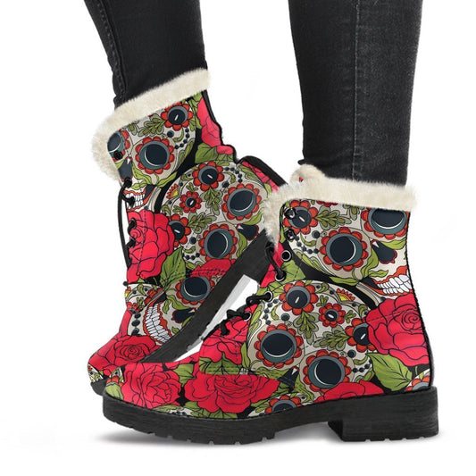 Rose Floral Sugar Skull Faux Fur Leather Boots for the Boho Babe - 1