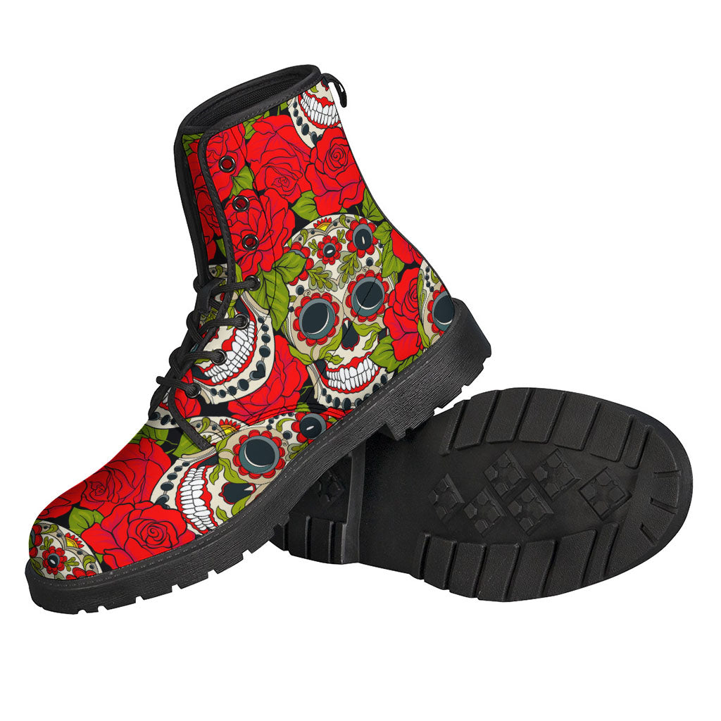 Groovy Leather Lightweight Boots with Rose Floral Sugar Skull Pattern - 2